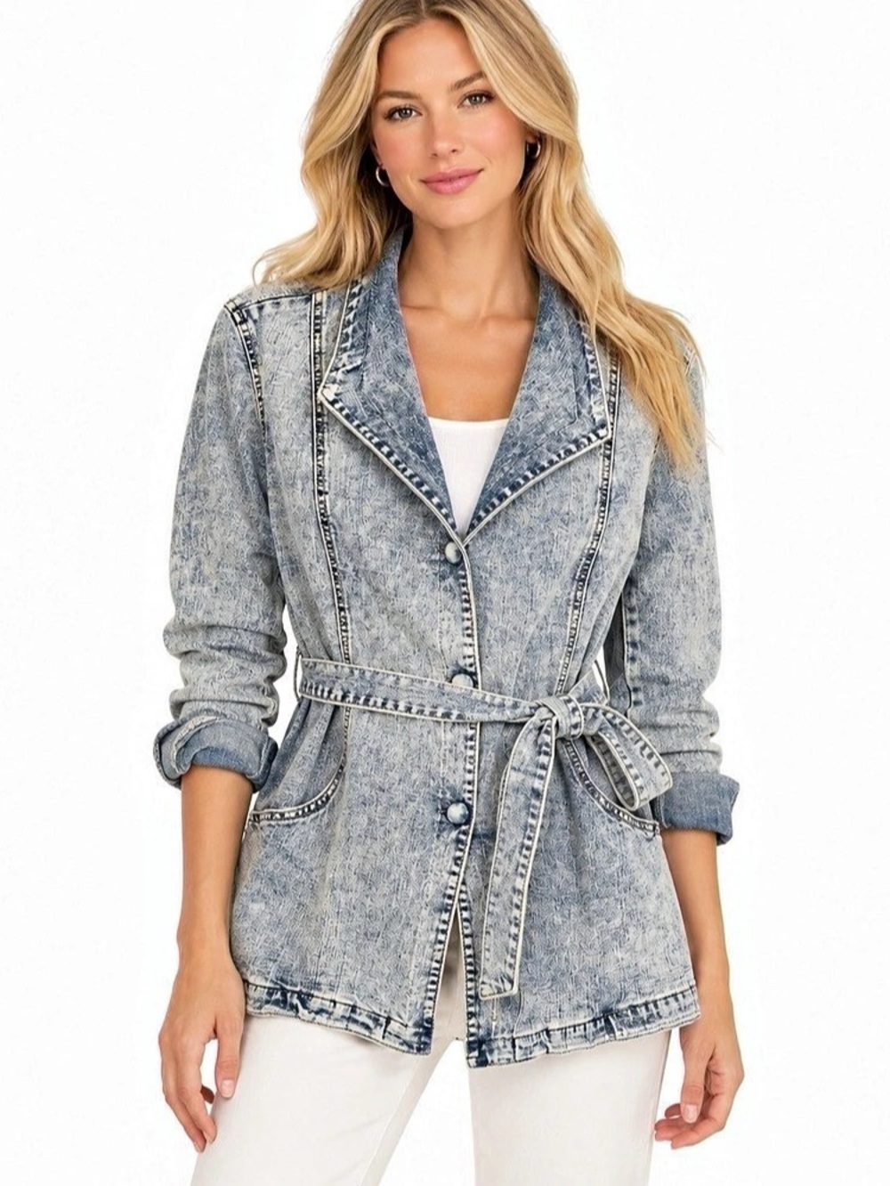 LOGO by Lori Goldstein Aiden Acid Wash Denim Belted Blazer Jacket M